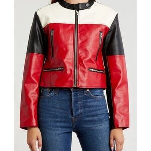 Vigoss Red and Black Leather Jacket Modern Colorblock Design